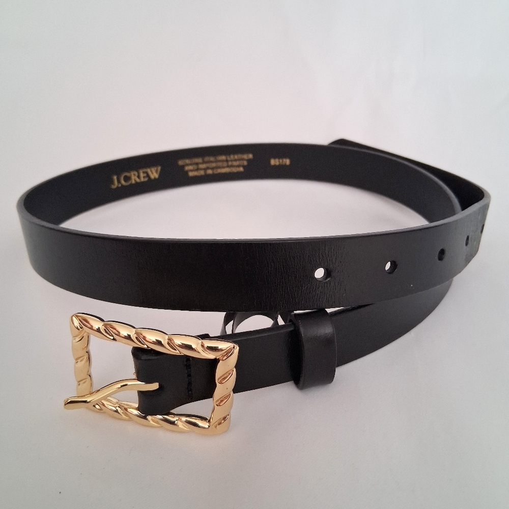 J.Crew Black Leather Belt with Gold Buckle